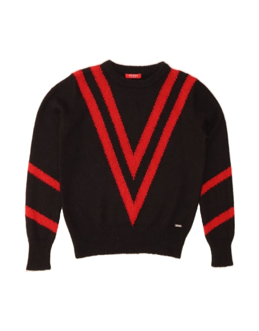 Vintage Guess Oversized Crew Neck Jumper Sweater UK 6 XS In Black Striped