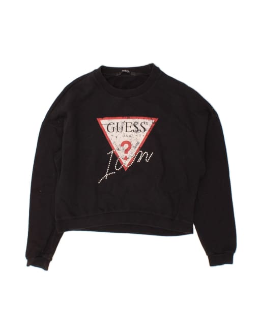 Vintage Guess Oversized Crop Graphic Sweatshirt Jumper UK 6 XS In Black