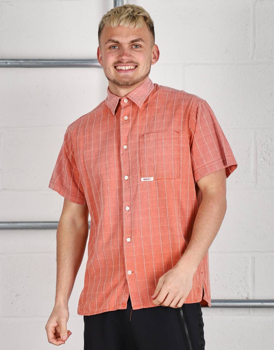 Vintage Guess Size M logo short sleeve light shirt in peach check