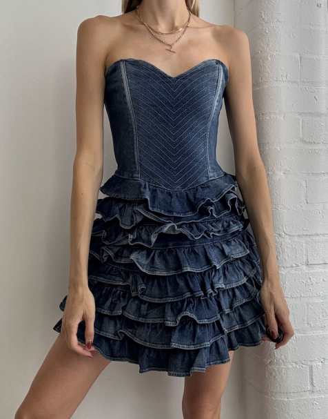 Vintage Guess strapless denim mini dress with ruffles size m in blue - view 1