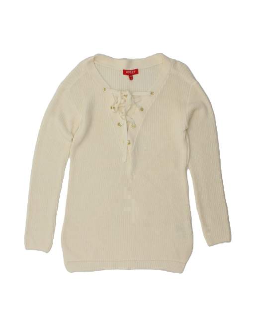 Vintage Guess V-neck Jumper Sweater UK 10 Small In Off In White