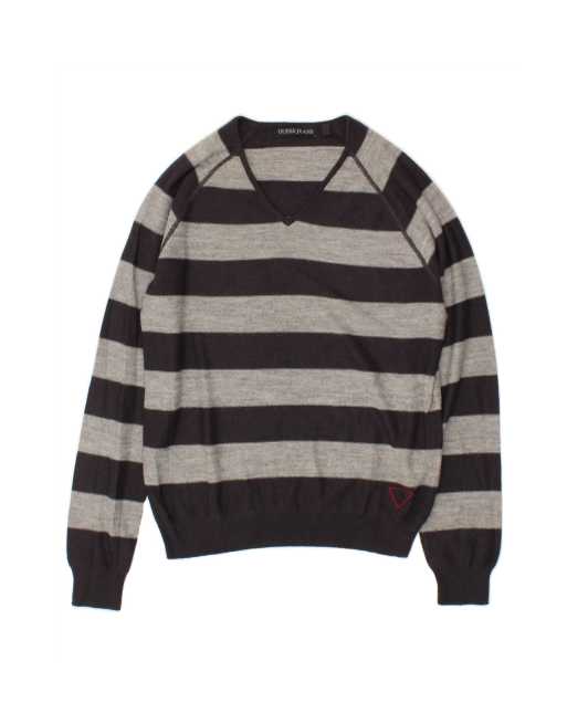 Vintage Guess V-neck Jumper Sweater UK 16 Large In Black Striped Wool