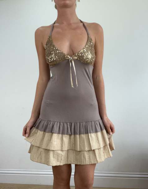 Vintage halterneck sequin dress in grey - view 1