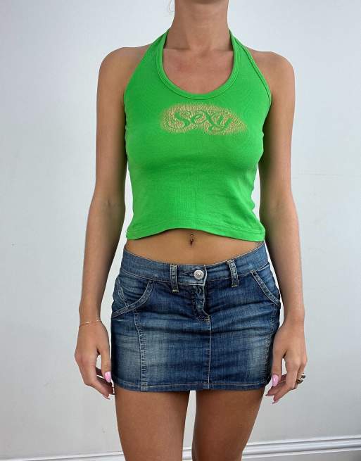 Vintage halterneck top with 'sexy' writing in green