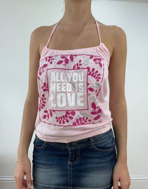 Vintage halterneck top with slogan graphic in pink - view 1