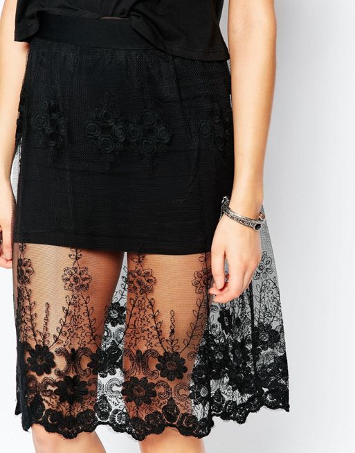 Embroidery Vintage Mesh Long Skirt  Black skirt long, Long black lace skirt,  Lace midi skirt