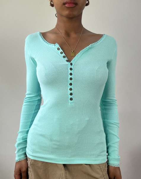 Vintage henley style long sleeve top in icy blue - view 1