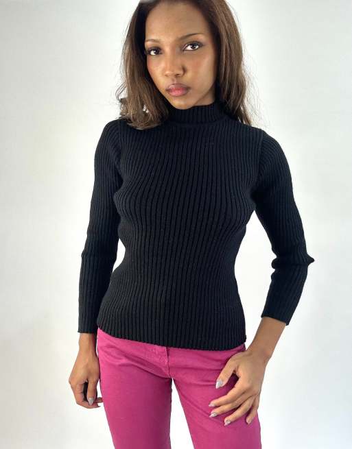 Vintage high neck knit top in black
