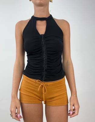 Vintage high neck ruched top with cut out in black