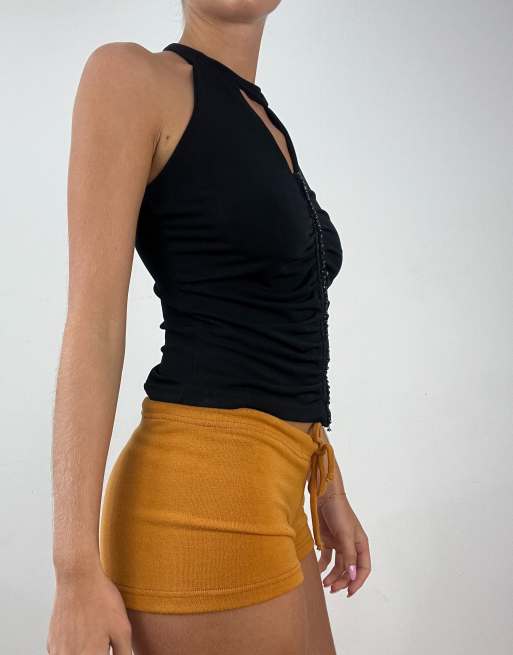 Vintage high neck ruched top with cut out in black, 3 of 4
