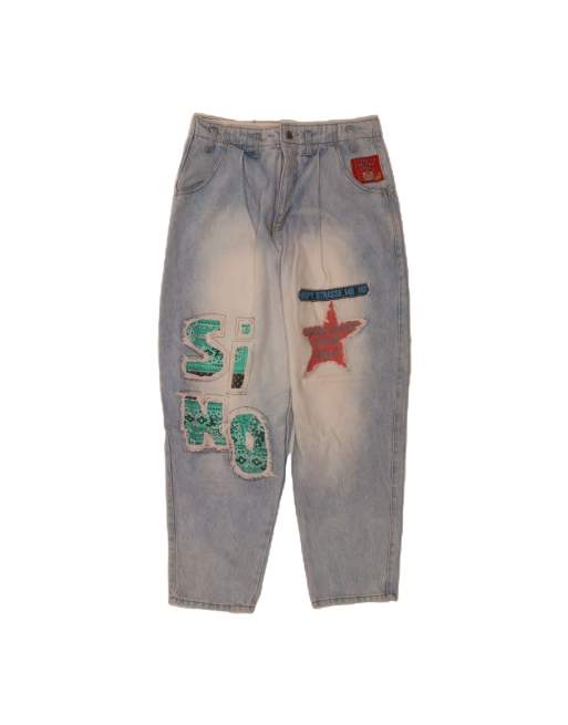 Vintage High Waist Graphic Tapered Jeans Medium W28 L26 In Blue