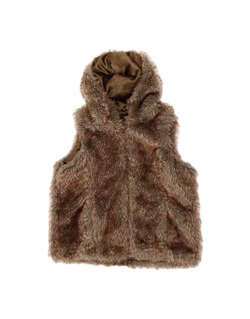 Vintage Hooded Faux Fur Gilet UK 14 Medium In Brown