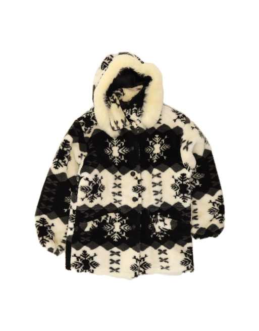 Vintage Hooded Faux Fur Overcoat UK 18 XL In Black Fair Isle