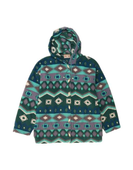 Vintage Hooded Fleece Jacket It 46 Large In Turquoise Geometric