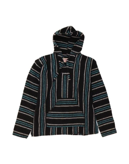 Vintage Hooded Jumper Sweater Large In Black Striped