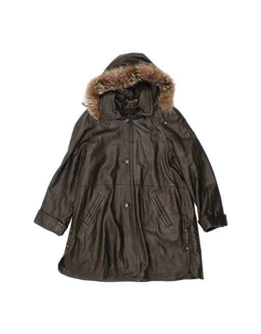 Vintage Hooded Leather Coat EU 44 XL In Black