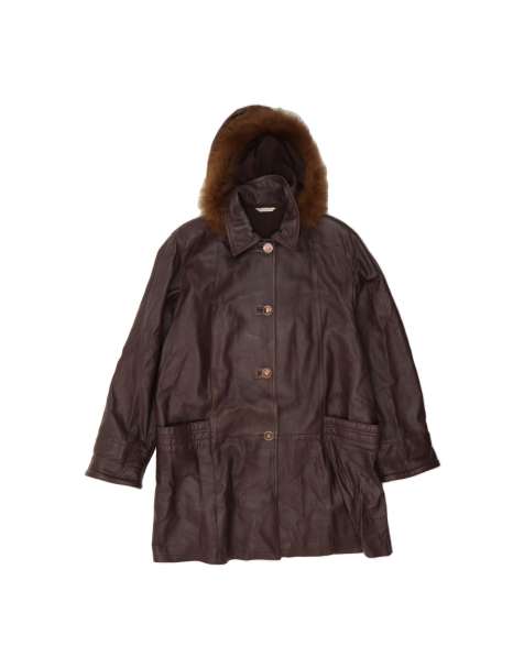 Vintage Hooded Leather Coat It 46 Large In Brown - view 1