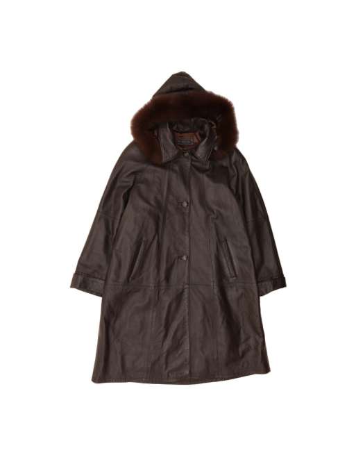 Vintage Hooded Leather Coat UK 16 Large In Brown