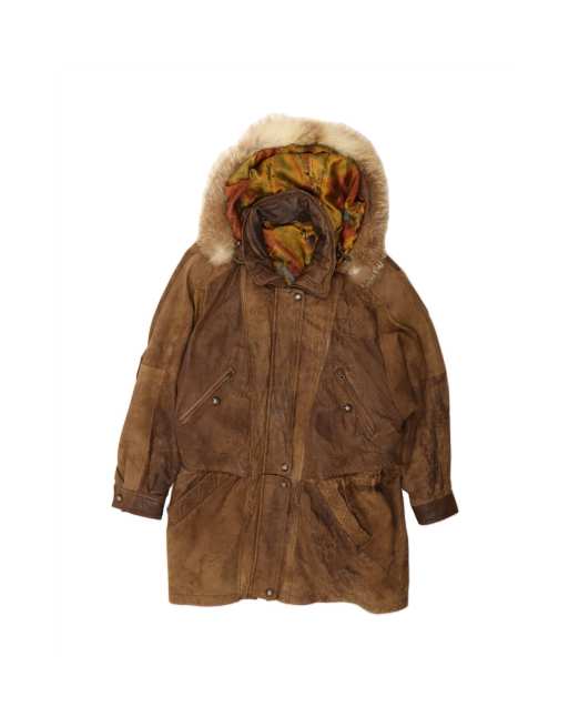 Vintage Hooded Leather Coat UK 20 2XL In Brown