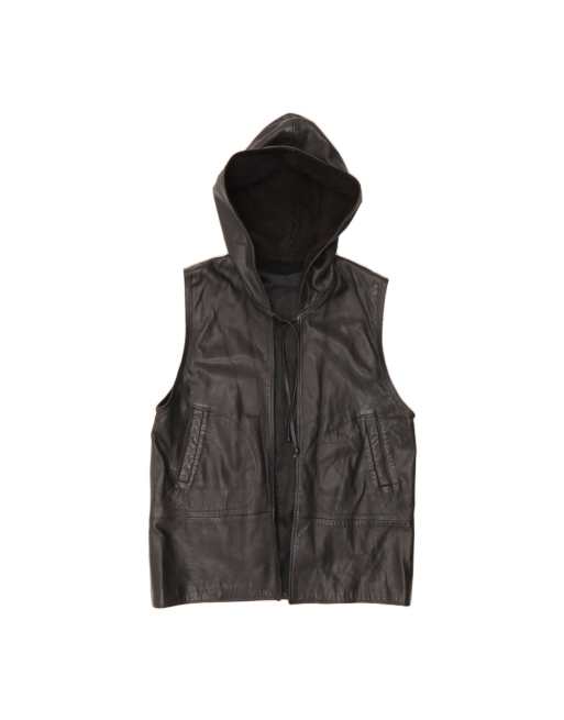 Vintage Hooded Leather Gilet UK 16 Large In Black
