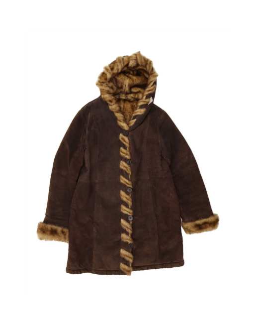 Vintage Hooded Shearling Coat UK 16 Large In Brown