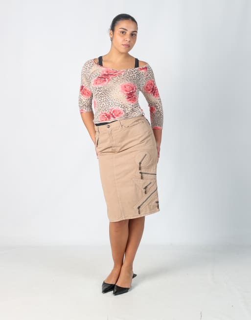 Vintage Just Cavalli L denim midi skirt in tan