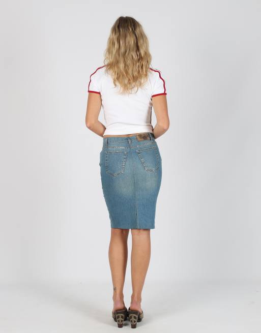 Vintage Just Cavalli XS denim midi skirt in blue, 3 of 4