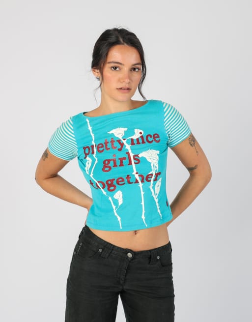 Vintage Kaily S baby tee in turquoise, 3 of 4