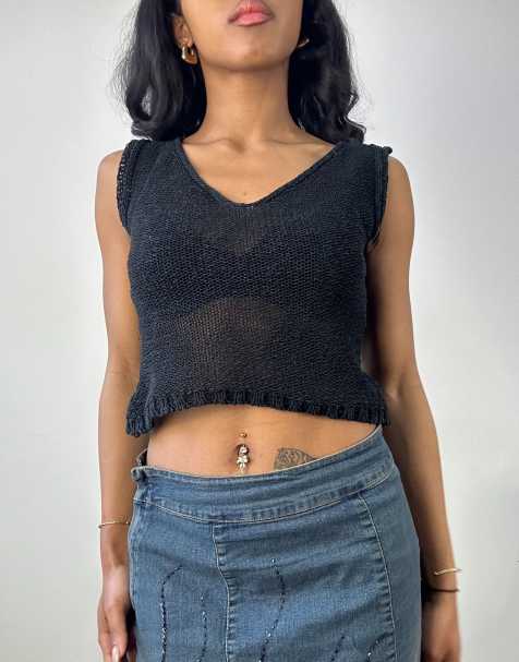 Vintage knit cropped top in black - view 1