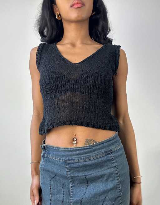 Vintage knit cropped top in black