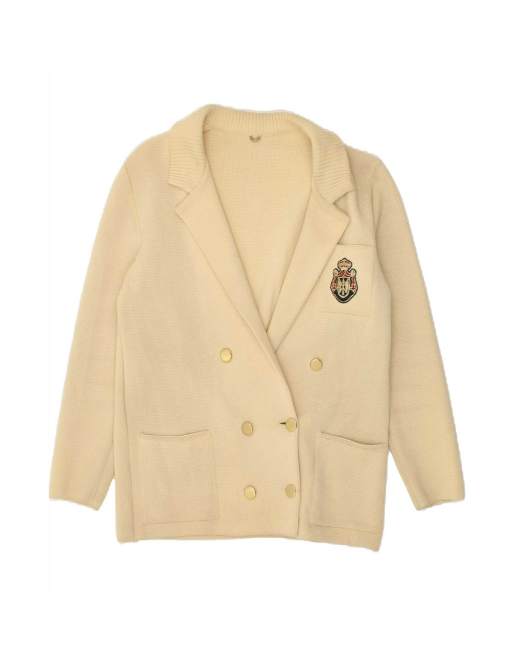 Vintage Knit Double Breasted Blazer Jacket UK 16 Large In Beige