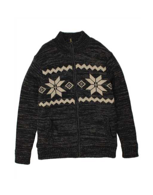 Vintage Knit Sherpa Jacket UK 18 XL In Black Fair Isle