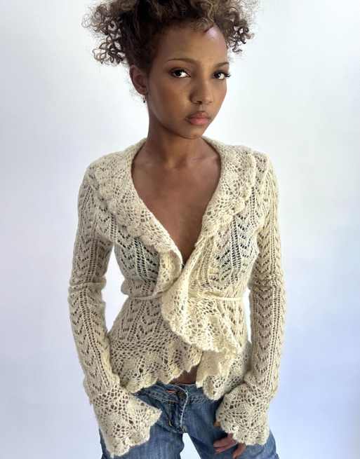 Vintage knit tie up top in cream, 1 of 4