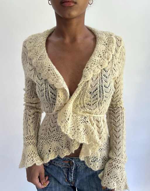 Vintage knit tie up top in cream, 3 of 4