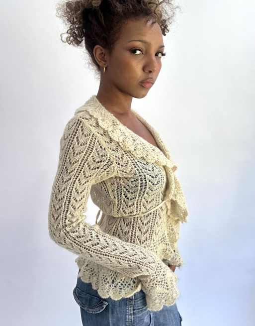 Vintage knit tie up top in cream, 4 of 4
