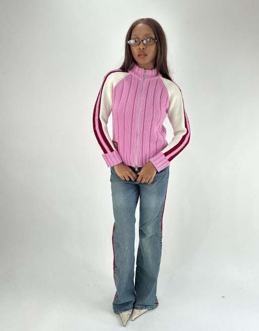 Vintage knit zip up jumper in pink