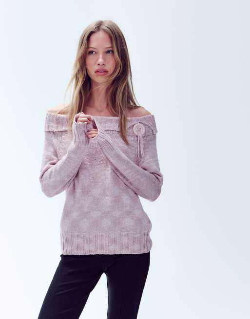Vintage knitted bardot jumper size m in baby pink