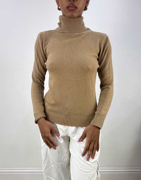 Vintage knitted roll neck jumper in camel - view 1