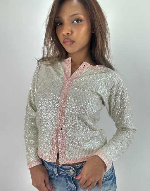 Vintage Kookai sequin cardigan top in white