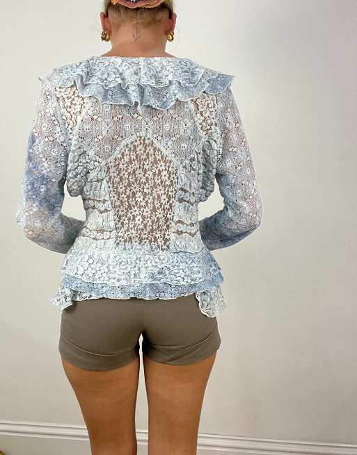Vintage lace frilly blouse in baby blue, 2 of 4