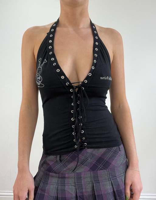 Vintage lace up halterneck top in black