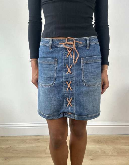 Vintage lace up midi skirt in blue