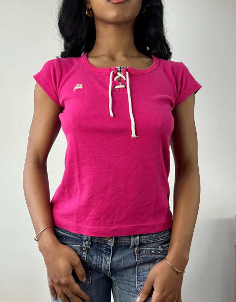 Vintage lace up t-shirt in pink - view 1