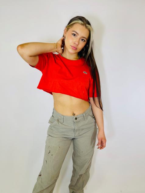Vintage Lacoste Size L embroidered crop t-shirt in red - view 1