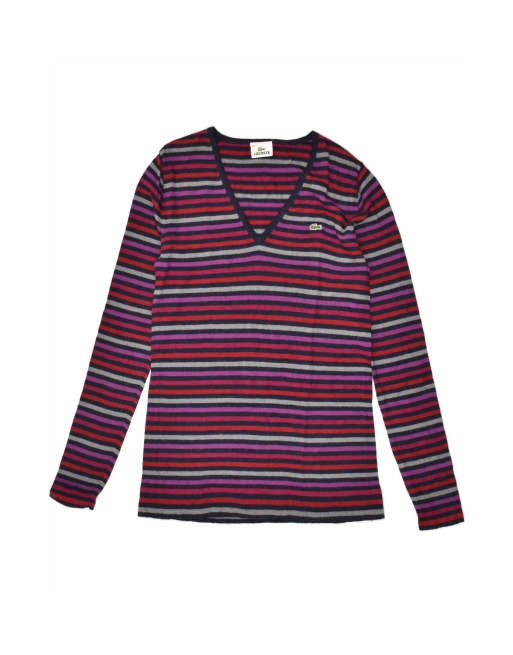 Vintage Lacoste V-neck Jumper Sweater Size 42 Large In Pink Striped