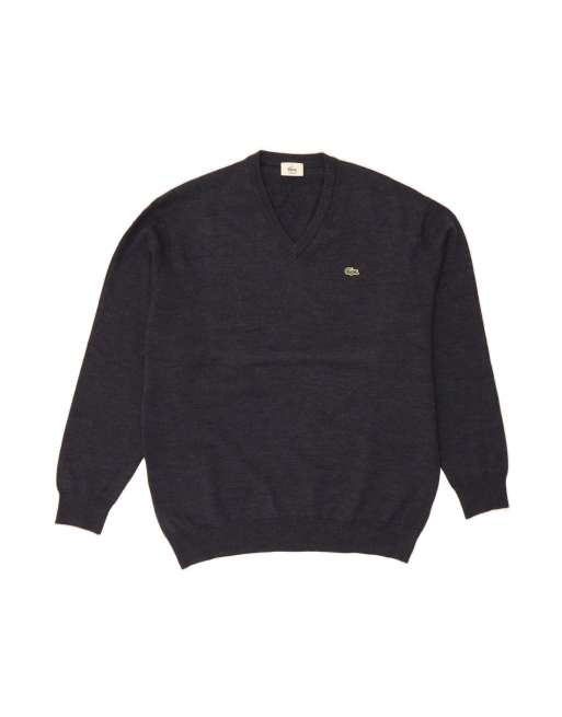 Vintage Lacoste V-neck Jumper Sweater Size 5 Large In Blue Wool