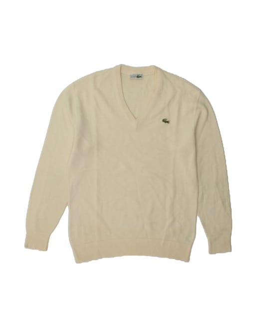 Vintage Lacoste V-neck Jumper Sweater Size 5 Large In Off In White Wool Classic