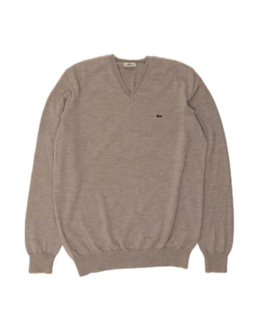 Vintage Lacoste V-neck Jumper Sweater Size 6 XL In Grey Wool