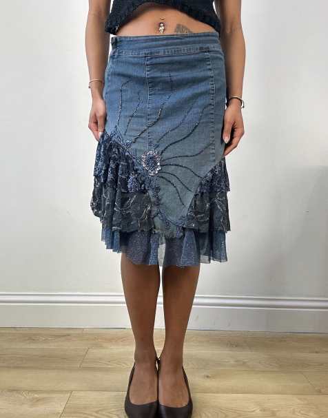 Vintage layered denim skirt with patterned detail in blue - view 1