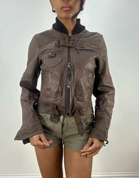 Vintage leather biker jacket in brown - view 1